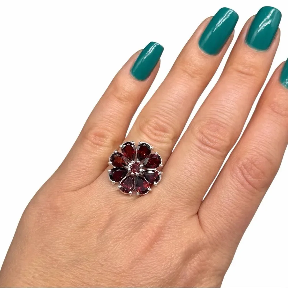 Garnet Ring Size 10 Flower Shaped Solid 925 Sterling Silver Daisy Multi Stone